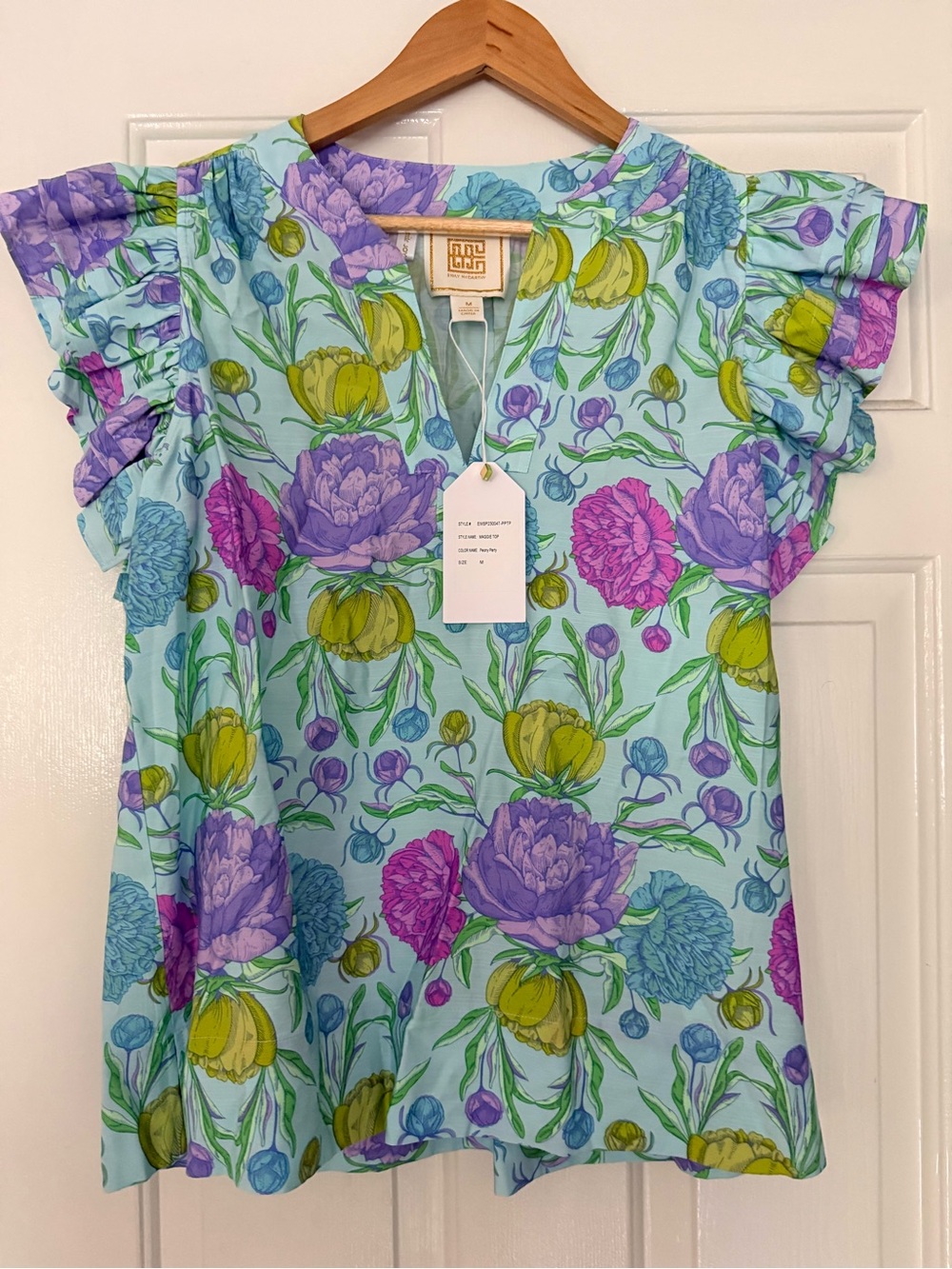 Floral Ruffle-Sleeve Blouse in Light Blue with Purple & Green Print